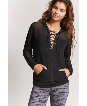 Forever 21  Active Mesh-Panel Lace-Up Hoodie